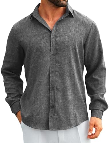 MAPICK Mens Linen Long Sleeve Shirts Casual Dress Button Down Wedding Shirts Untucked Linen Vacation Clothes(A-Dark Grey,3X-Large) - Image 1