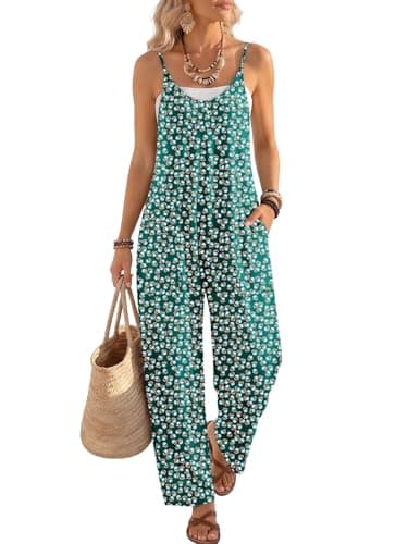 LILLUSORY Womens Jumpsuits Tropical Floral Print Boho Jumpers Overalls Summer Rompers Maternity Clothes Beach Vacation 2026 Resort Wear Cute Comfy Cruise Outfits Green L - Image 1