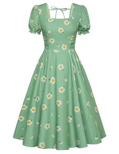 Belle Poque Green Daisy Vintage 1950s Cocktail Party Dress 2026 Summer Square Neck Flowy Midi Baby Bridal Shower Dress L - Image 1