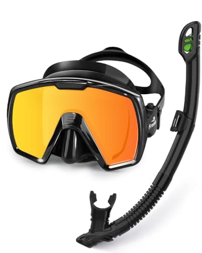 Freela Adult Dry Snorkel Set Scuba Diving Mask with Nose Cover for Men Women Youth, Safety Tempered Glass 180° Wide View, Anti Fog No Leak Mirrored Orange Len Snorkeling Gear for Swimming, Diving - Image 1