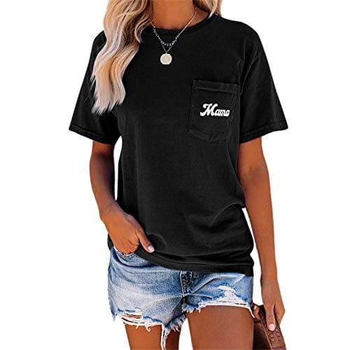 NIUBIA Women's Letter Print Basic Crew Neck Tee Summer Short Sleeve T-Shirt with Pockets Loose Fitting Tops Black - Image 1