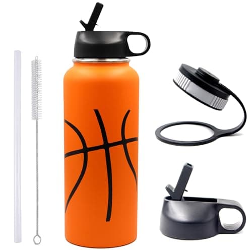 40 oz Basketball Water Bottle, Stainless Steel Vacuum Insulated Sports Water Bottle with Straw and 2 Lids, Double Wall Leakproof Water Flask, Basketball Accessories for Boys, Men, Mom, Girls