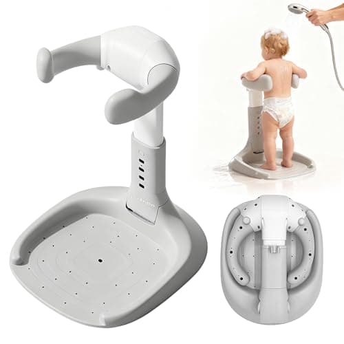 4our Kiddies Foldable Baby Shower Standing Support for Toddlers & Infants 8-36 Months, No Setup Anti-Slip Bath Stand Holder, Adjustable Height, Portable Travel & Storage, Easy Clean, Grey - Image 1