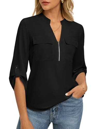 Womens Business Casual Tops,3/4 Sleeve Henley Shirts with Zip Up,Office Work Blouses Lightweight Summer Black 2XL - Image 1