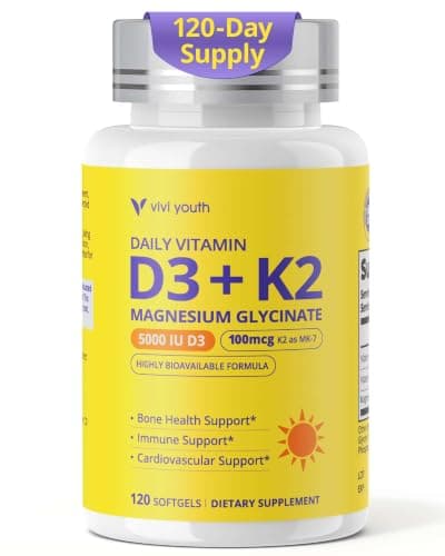 VIVI Youth Vitamin D3 K2 5000 IU, D3 and K2 Supplements for Bone, Heart & Immune Support - Enhanced with Magnesium Glycinate - Non-GMO, Gluten Free, Soy Free Softgels, 120 Day Supply - Image 1