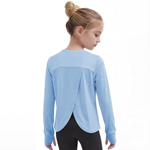 Gogokids Girls Long Sleeve Athletic Shirt, Breathable Cotton Activewear Top with Stretch, Split Back & Thumbholes, Blue, 140, 9-10 Years - Image 1