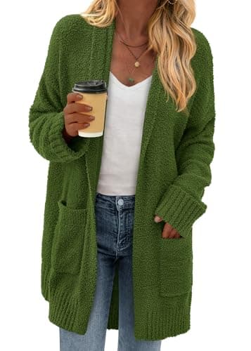 KIRUNDO Cardigan Sweaters for Women 2026 Fall Chunky Fuzzy Knit Open Front Loose Long Sleeve Sweater Coats Winter Clothing(Army Green, Medium) - Image 1