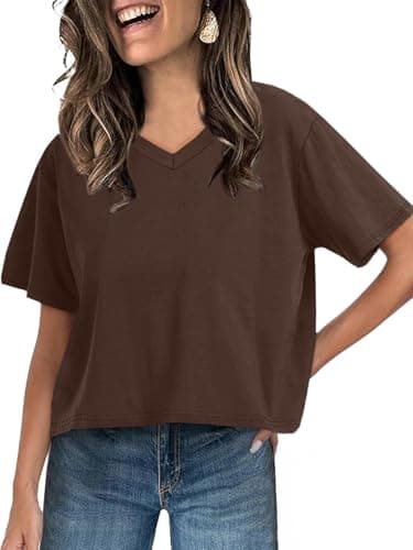 UNCLECAT Women Cropped T Shirts Casual Short Sleeve V Neck Crop Tops 2026 Summer Soft Loose Basic Tee Coffee - Image 1