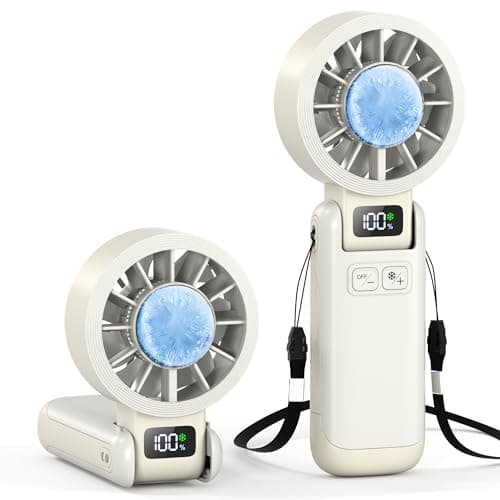 Husdensky Portable Handheld Fan with Ice Cooling, 5.5m/s High Speed, Foldable Neck Fan, 5-Speed LED Display, 12H Battery, Independent Switch, Personal Fans for Travel, Concerts, Sports Events - White - Image 1