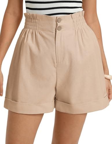 GRACE KARIN Casual Shorts for Women Beach Vacation Boho Shorts Coconut Shell Buttons Comfy Shorts Apricot L - Image 1