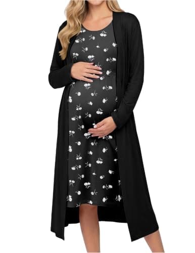 Ekouaer Maternity Nursing Gown and Robe Set Labor Delivery Hosptial Nursing Dress Pregnancy Clothes White Flower Black XL - Image 1
