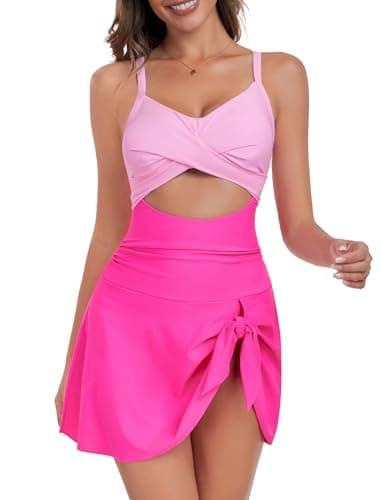 ZAFUL Swimsuit for Women 2025 Tummy Control One Piece Bathing Suit Slimming Swim Dress Modest Ladies Swimwear Push Up Cut Out V Neck Swimdresses Trendy Cute Tie Knot Monokini Skirt Hot Pink S - Image 1