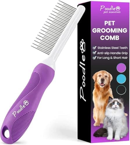 Poodle Pet Detangling Pet Comb with Long & Short Stainless Steel Teeth for Removing Matted Fur, Knots & Tangles – Detangler Tool Accessories for Safe & Gentle DIY Dog & Cat Grooming - Image 1