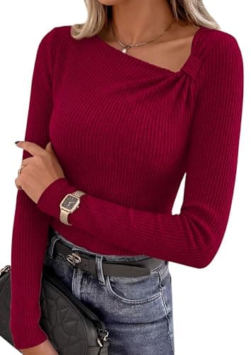 PRETTYGARDEN Womens 2026 Early Fall Fashion Long Sleeve T Shirts Asymmetrical Ribbed Fitted Trendy Going Out Tops Y2K Outfits (Dark Red,X-Large) - Image 1