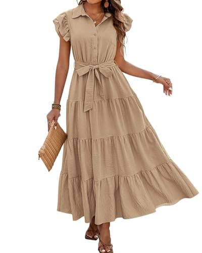 dowerme Women's Summer Casual Dresses 2026 Cap Ruffle Sleeve V Neck Button Belted Tiered Boho Maxi Dress with Pockets(Khaki,Large) - Image 1