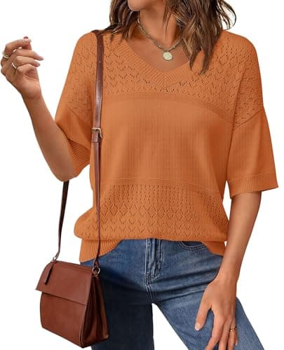 PRETTYGARDEN Women's Short Sleeve Sweater Tops 2026 Spring Summer Casual V Neck Ribbed Knit Trendy Eyelet Blouse T Shirts (Orange Red,Small) - Image 1