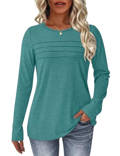 NORACORA Women's Long Sleeve Tops Crew Neck Casual Tunics Dressy Pleated Front T Shirts Business Blouses 2025 Spring Fall Outfits Pullover Tshirts Cyan S - Image 1