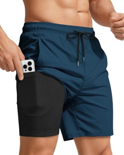 7 Inch 7in Men Swim Trunks Compression Liner Quick Dry Drawstring Male Swimwear Swimsuit Swimtrunks Boardshorts Bathing Suit Fair Beach Water Shorts Zipper Mesh Pocket Lined Inseam Harbor no Mesh - Image 1