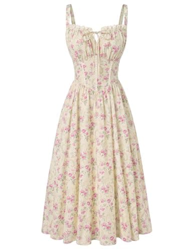 Scarlet Darkness Women 2026 Floral Corset Dress Summer Milkmaid Sundress Wedding Guest Dresses with Pockets Vintage Cream Rose XL - Image 1