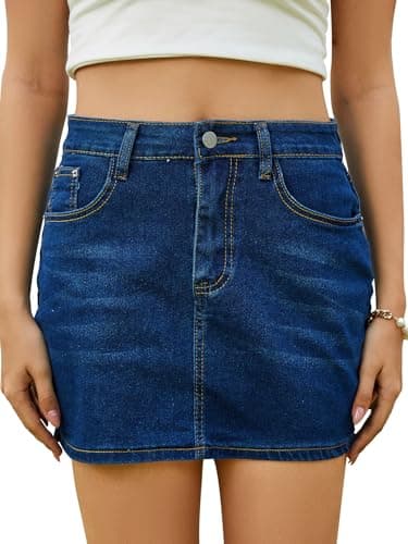 Shestellar Women's Low Rise Denim Mini Skirt, Y2K Vintage Stretchy Bodycon Jean Skirts with Pockets - Dark Blue L - Image 1