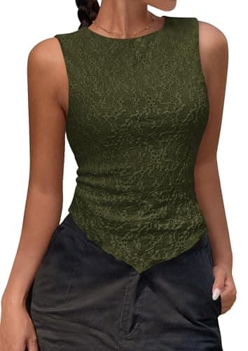 NALANISA Green Tank Tops Woman Summer Casual Slim Fitted Textured Sleeveless Going Out Y2K Asymmetrical Shirts Blouses Spring Outfits(Army Green,L) - Image 1