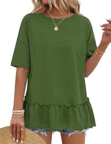 MEROKEETY Women's 2026 Summer Peplum Tops Oversized Blouse Casual Short Sleeve Crew Neck Ruffle Tunic T Shirts, Green, X-Large - Image 1
