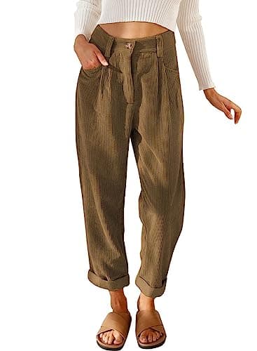 Womens Corduroy Pants Casual High Waisted Straight Leg Vintage Trousers for Women with Pockets Brown US 14 - Image 1