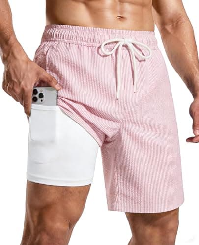 CoozySphere Mens 7 Inch Swim Trunks with Compression Liner 2 in 1 Quick Dry Bathing Suit Beach Shorts with Zipper Pockets M - Image 1