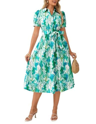 GRACE KARIN 2026 Cotton Summer Boho Midi Dresses for Women Puff Short Sleeve Shirt Dresses Flowy Floral A-line Wedding Guest Dress with Pocket Belt Blue Green M - Image 1