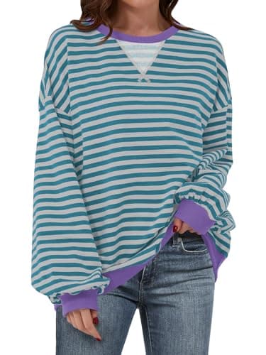 ANRABESS Women’s Striped Oversized Sweatshirts Crew Neck Long Sleeve Shirts Soft Color Block Pullover Top Fashion Clothing Green Grey Large - Image 1