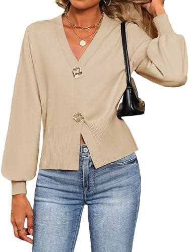 Bellcoco Sweaters for Women V Neck Lightweight Cropped Sweater Ribbed Knit Pullover Casual Trendy Tops Spring Summer Outfits Fashion Clothes 2026, Khaki, XL - Image 1