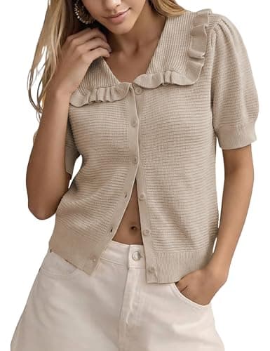Watashi Short Sleeve Cardigan for Women Ruffle Collar Button Up Crochet Puff Sleeve Sweater Lightweight Summer Knit Tops(Khaki-XS) - Image 1
