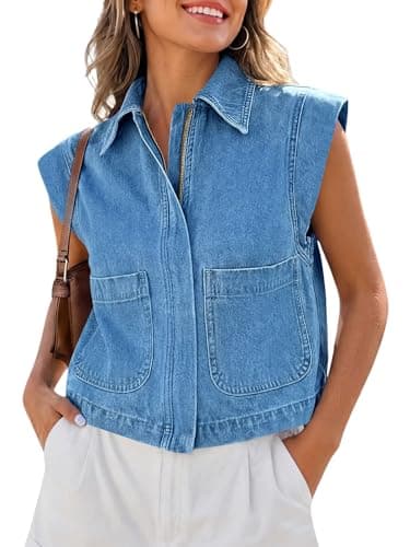 Tankaneo Womens Zip Up Denim Vest Top Summer Cap Sleeve Cropped Jean Vests Jacket Trendy Casual Sleeveless Waistcoat - Image 1