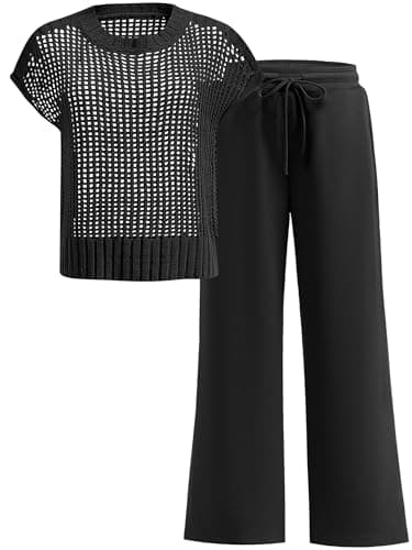 ANRABESS Women Two Piece Outfits Crochet Sheer Knit Sweater Top Wide Leg Pants Lounge Matching Sets Sweatsuit Travel Clothes Black Large - Image 1