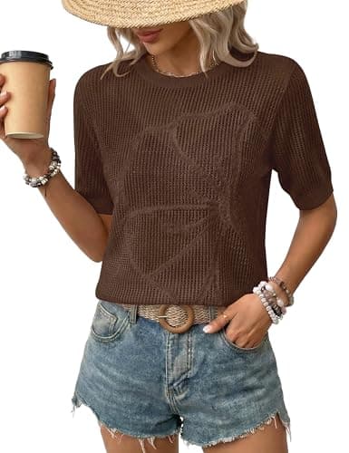 LaGracia Womens Short Sleeve Crochet Sweater Summer Crochet Tops Lightweight Hollow Out Crewneck Pullover Beach Coverup Coffee L - Image 1