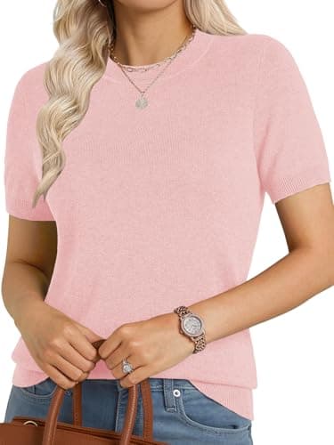 GKBK Womens Sweaters Lightweight Short Sleeve Wool Blend Knit Summer Tops Soft Pullover Business Casual Outfits for Women 2026 Fashion Trendy Pink XXL - Image 1