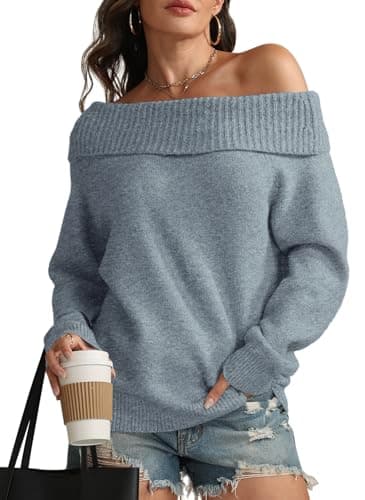 ATHMILE Blue Off the Shoulder Sweater Womens Oversized Spring Tops Batwing Sleeve Loose Pullover Fall Winter Outfits