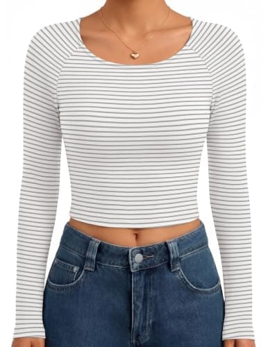 Ekouaer Crop Tops for Women Long Sleeve Shirts Slim Fit Base Layer Trendy Fashion Outfits Grey White Striped L - Image 1