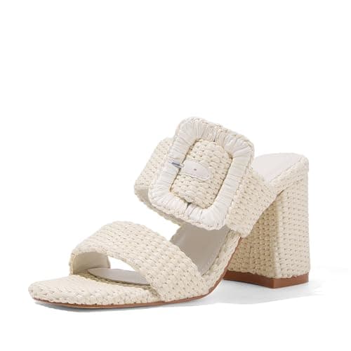 Ancomafio Womens Heeled Sandals Raffia Sandals Square Open Toe Chunky Block Heels Double Strap Summer Dressy Mules Slip On Beige Size 7.5 - Image 1