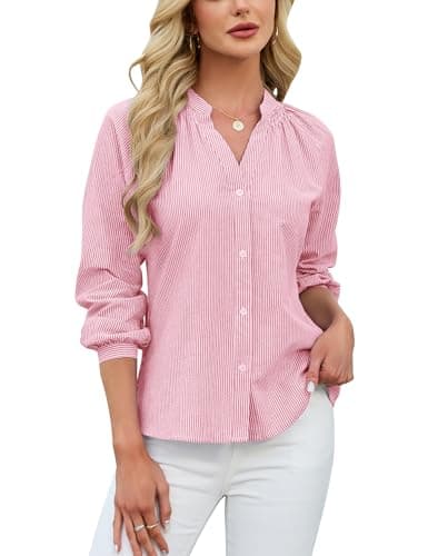 Blooming Jelly Womens Striped Button Down Shirt V Neck Long Sleeve Cotton Blouse Business Casual Ladies Trendy Summer 2026 Fashion Dressy Work Tops (Medium, Pale Pink) - Image 1