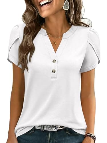 ANRABESS Womens Petal Short Sleeve Henley Shirts Summer 2026 V Neck Dressy Casual Blouses Spring Business Work Tunic Tops White X-Large - Image 1