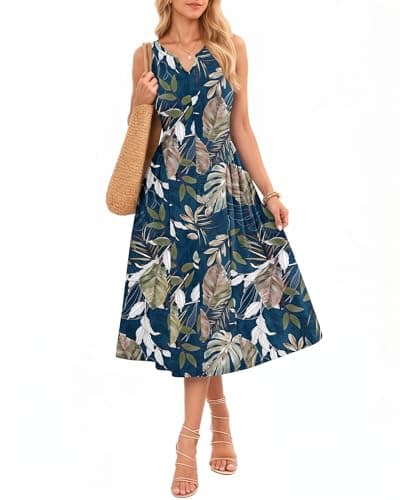 MISFAY Women's Sleeveless A-Line Maxi Dress with Pockets — Pleated Flowy Sundress for Summer Beach and Vacation(Selva Leaf Map,XL) - Image 1