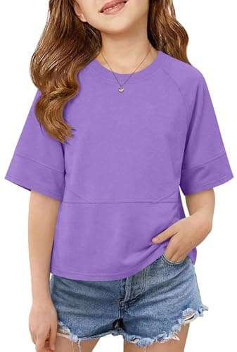 Humordream Girls Shirts Kids Raglan Short Sleeve T Shirts Summer Crewneck Oversized Crop Top Basic Tees 5-14Y Purple - Image 1