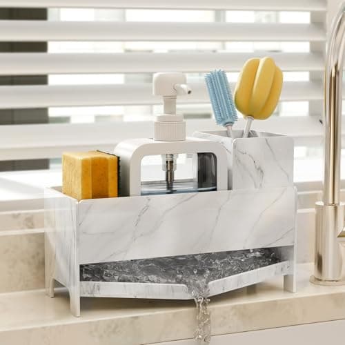 TIDIIABODE Sponge Holder for Kitchen Sink - White Marble Acrylic Sink Caddy with Brush Slot, Countertop Soap Organizer for Modern Kitchen, Self-Draining Storage Rack, 9.2" Large Capacity - Image 1
