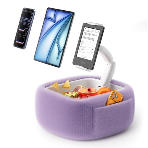 LULULOOK Tablet Pillow Stand, Compatible with iPad, iPhone and 4.7-14.6”Tablet, 360° Adjustable Kindle Pillow Stand for Bed with Ultra Fluffy Fabric & Snack Bowl (Velvety Purple) - Image 1