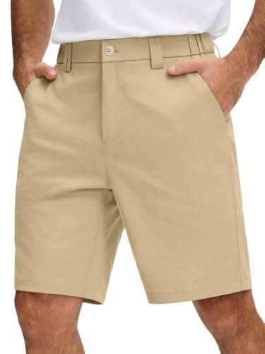 JEMLDL Mens Khaki Casual Shorts with 4 Pockets 9" Quick Dry Golf Shorts Stretch Flat Front Shorts Elastic Waistband Khaki Large - Image 1