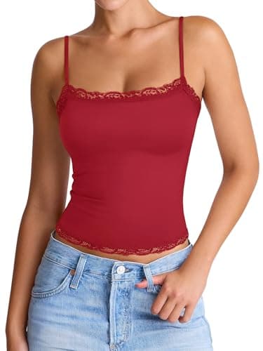 PINKMSTYLE Women Lace Cami Square Neck Tank Tops Y2k Summer Adjustable Spaghetti Strap Camisole Tops Sleeveless Shirts Red Medium - Image 1