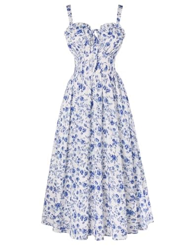 Corset Dress for Women Floral Flowy Summer Dress Cottagecore Sundress 2026 Blue Line Flower M - Image 1