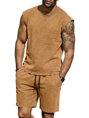 JEMLDL Men's Acid Washed Tank Tops and Shorts Track Suits Casual Summer Cotton Clothing Set Brown 3XL - Image 1