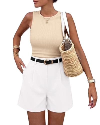 BTFBM 2 Piece Sets for Women Summer 2026 Sleeveless Matching Short Sets Tank Crew Neck Airport Travel Outfits Pockets(Apricot+White, XX-Large) - Image 1